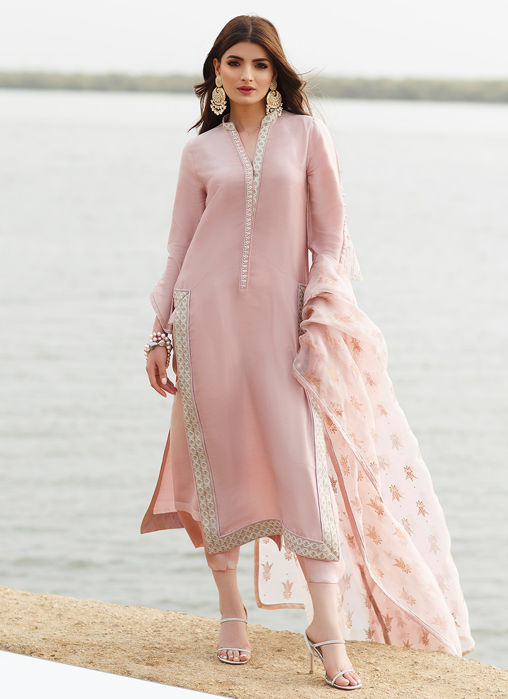 Tissue Pink Column Shirt With Dupatta