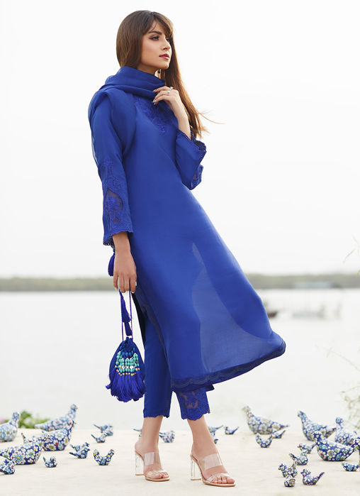 Picture of Egyption Blue Column Shirt With Pure Organza Embroidered Dupatta