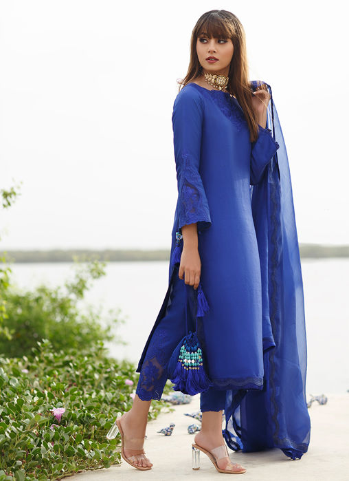 Egyption Blue Column Shirt With Pure Organza Embroidered Dupatta