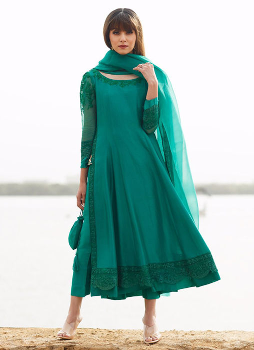 Picture of Emerald Silk Kalidaar With Pure Organza Embroidered Dupatta