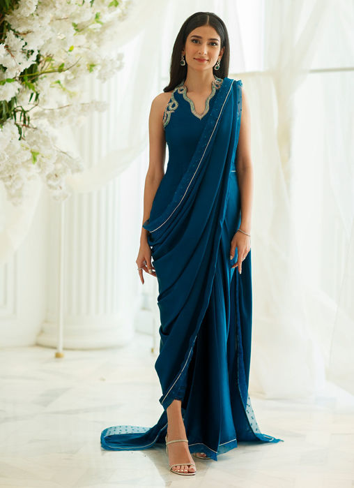 Picture of Aztec Blue Saree with Pants