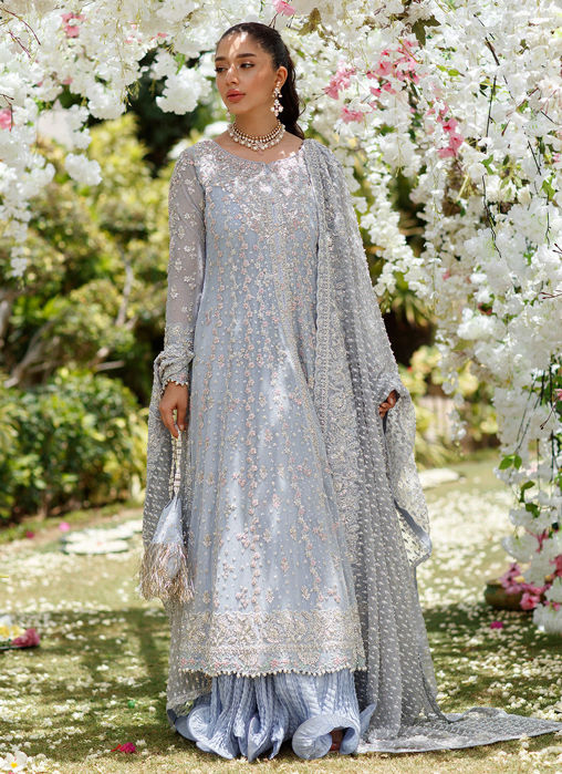Picture of Clem Cornflower Blue Kallidaar Bridal With Heavily Embellished Dupatta And Crushed Swirl Maxi