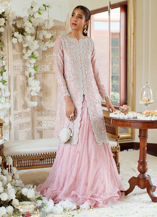 Picture of Simone Salmon Pink Heavily Embellished Jacket With Triple Layered Lehnga