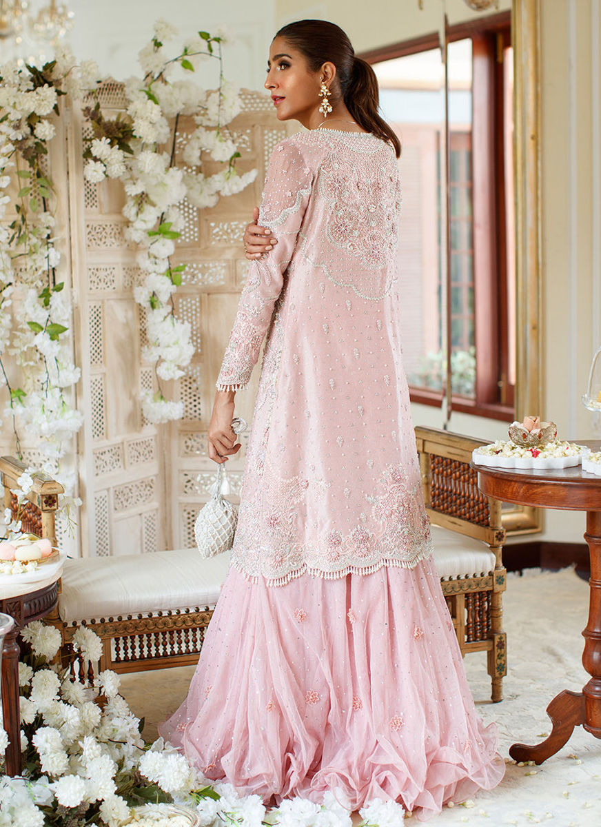 Simone Salmon Pink Heavily Embellished Jacket With Triple Layered Lehnga