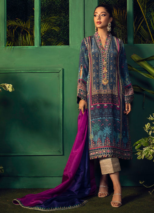 Picture of Iraan Navy Printed Crepe Silk Kurta With  Silk Ombre Dupatta