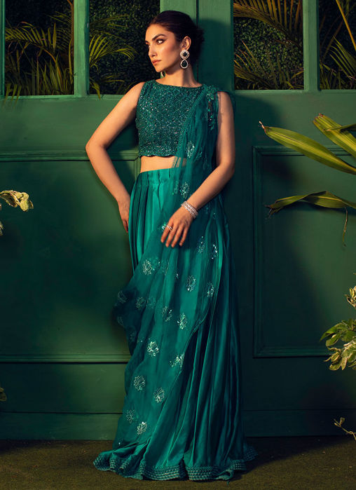 Persian Emerald Draped Lehenga Choli