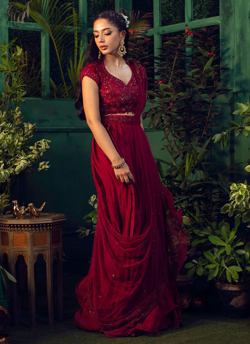 Roya Scarlett Draped Lengha Choli