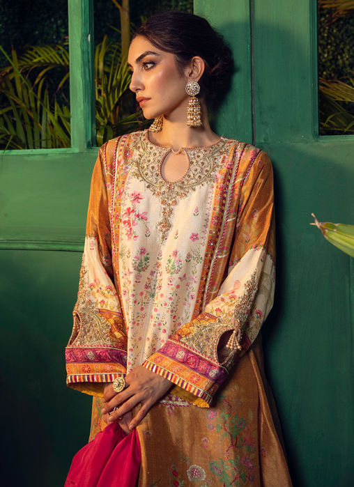 Roshan Printed Raw Silk Kurta With Silk Ombre Dupatta