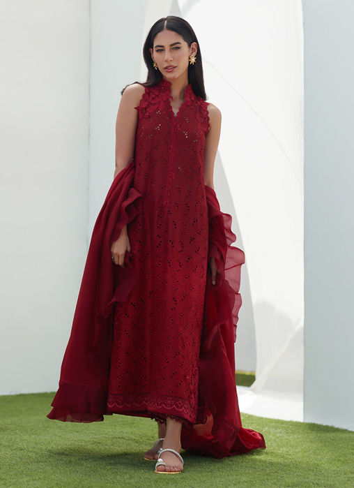 Selah Scarlett Ombre Silk Cutwork Shirt And Dupatta