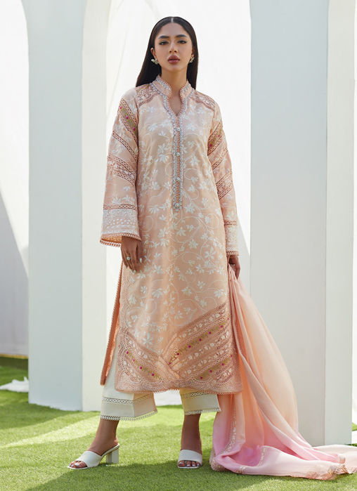 Dawn Peach Embroidered Silk Shirt And Dupatta