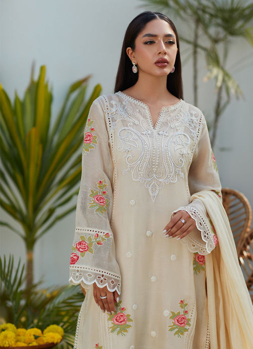 April Ivory Cross Stitch Cotton Net Shirt And Dupatta