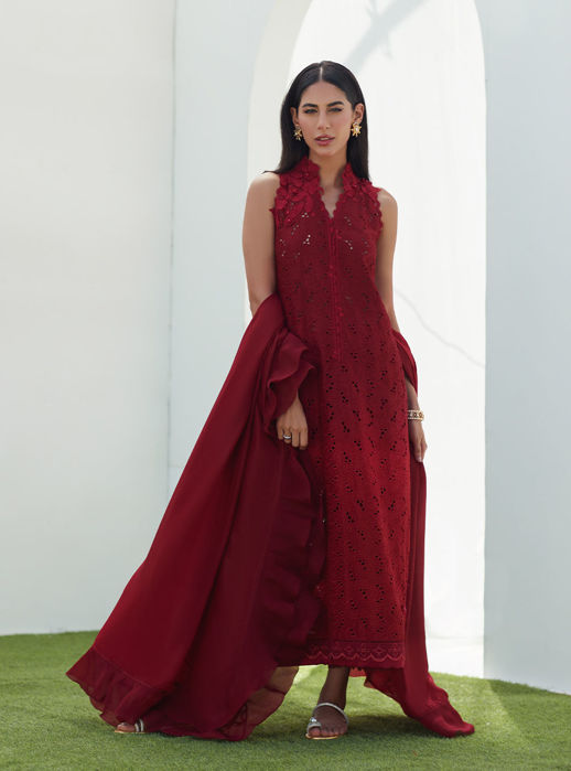 Selah Scarlett Ombre Silk Cutwork Shirt And Dupatta