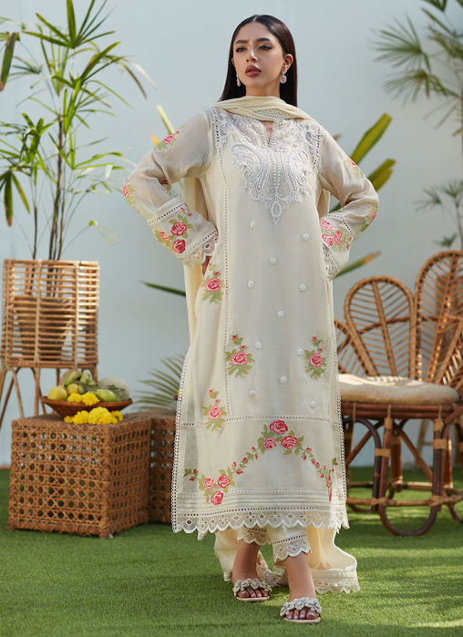 April Ivory Cross Stitch Cotton Net Shirt And Dupatta