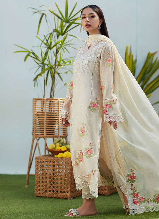 April Ivory Cross Stitch Cotton Net Shirt And Dupatta