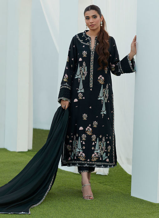 Petra Black Embroidered Shirt And Dupatta