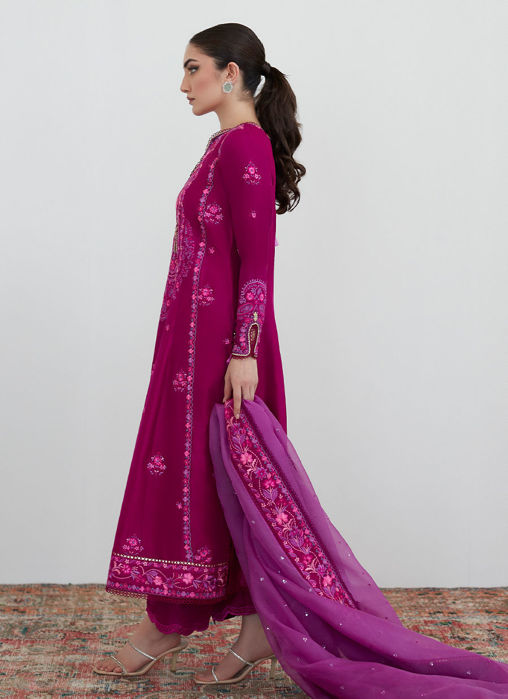 Catelyn Fuchsia Embroidered Shirt With Organza Dupatta