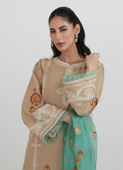 Latte Embroidered Shirt With Organza Dupatta