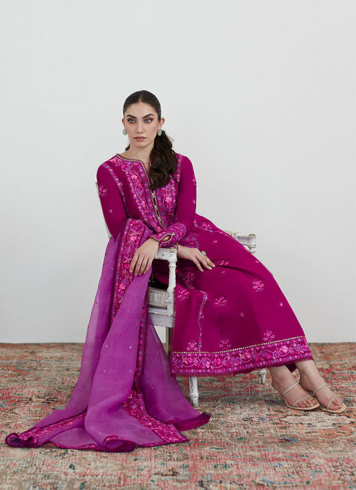 Catelyn Fuchsia Embroidered Shirt With Organza Dupatta