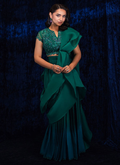 Yumna Emerald Pre-Draped Lehnga Saree