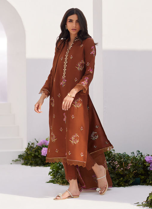 Picture of Noemie Chocolate Embroidered Raw Silk Shirt And Dupatta