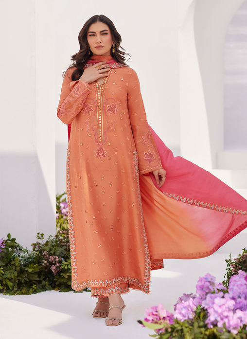 Elyna Coral Embroidered Raw Silk Shirt And Dupatta