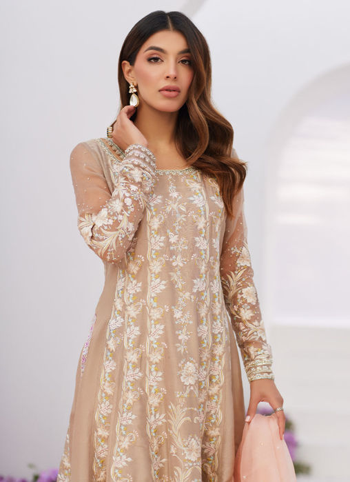 Charlene Sand Embroidered Kalidaar With Dupatta