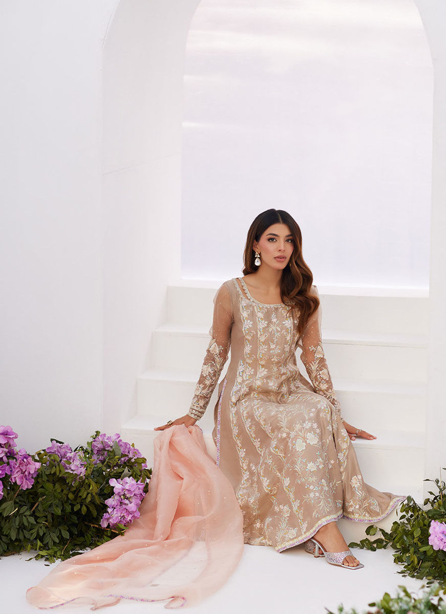 Charlene Sand Embroidered Kalidaar With Dupatta
