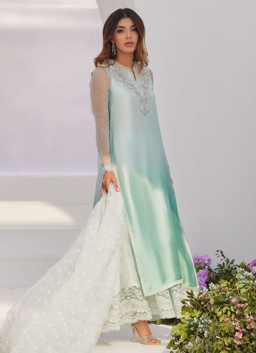 Solene Aqua Ombre Embellished Column Shirt With Embroidered Kalidaar Slip