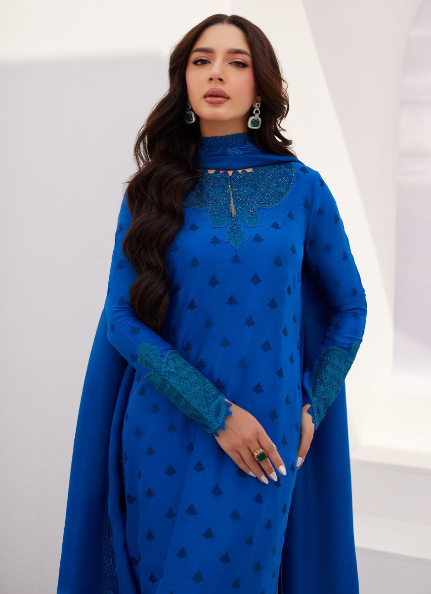 Charr Blue Embroidered Raw Silk Shirt And Dupatta
