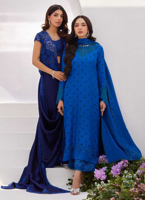 Charr Blue Embroidered Raw Silk Shirt And Dupatta