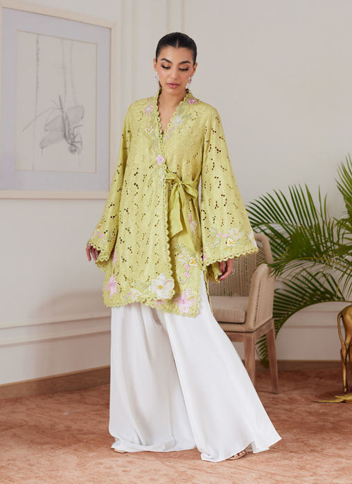 Picture of Abigail Kiwi Embroidered Raw Silk Schiffli Kimono Wrap
