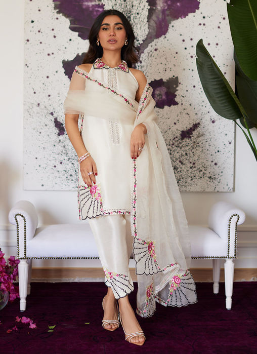 Picture of Genevive Pearl White Embroidered Raw Silk Shirt With Dupatta