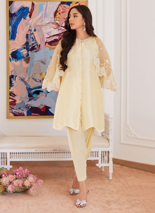 Picture of Esmeralda Pastel Yellow Raw Silk Shirt With Attached Cape