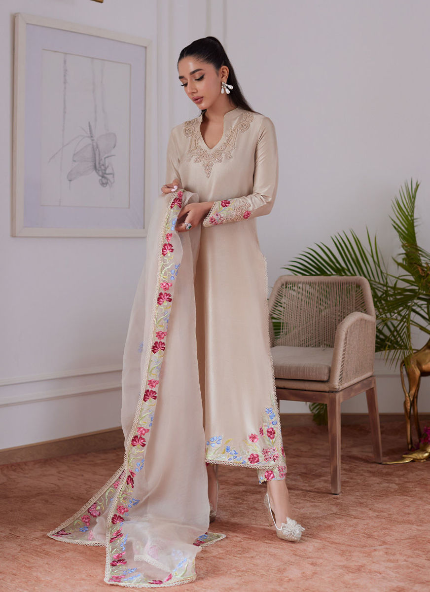 Liara Sand Embroidered Rawsilk Shirt And Dupatta with Pants