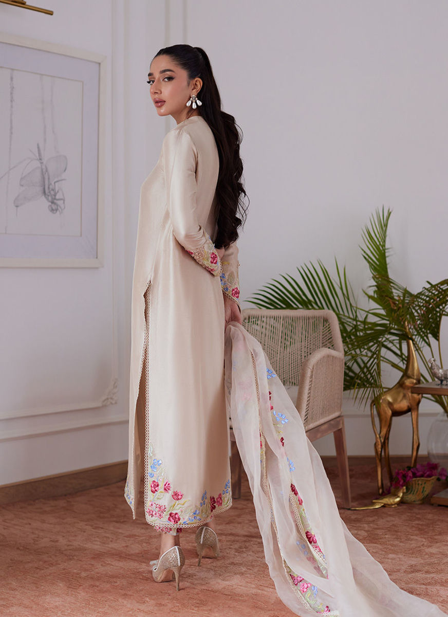 Liara Sand Embroidered Rawsilk Shirt And Dupatta with Pants