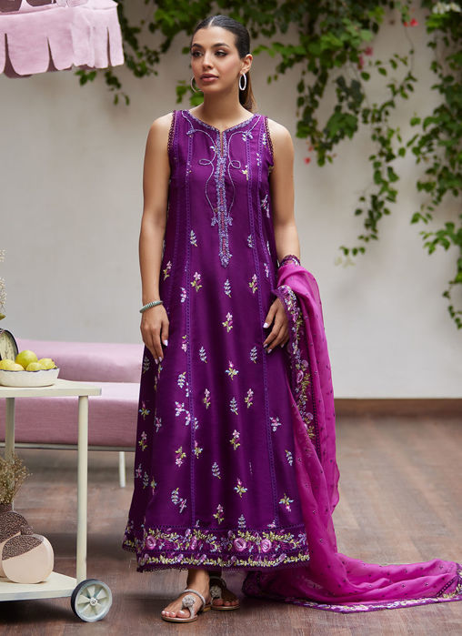 Irina Plum Embroidered Raw Silk Shirt With Dupatta