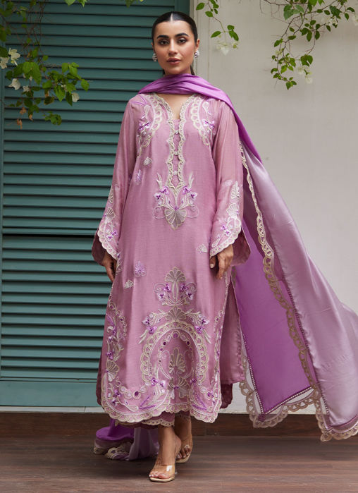 Picture of Ivan Mauve Embroidered Cotton Net Shirt with Medium Silk Dupatta