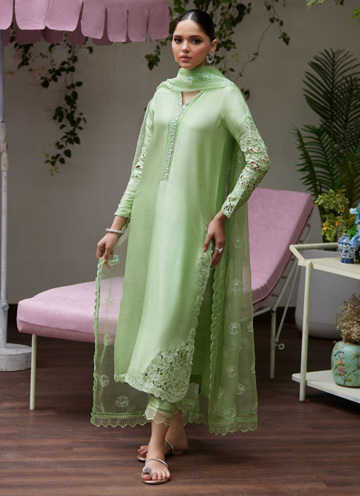Picture of Katya Apple Green Cutwork Raw Silk Shirt With Organza Dupatta