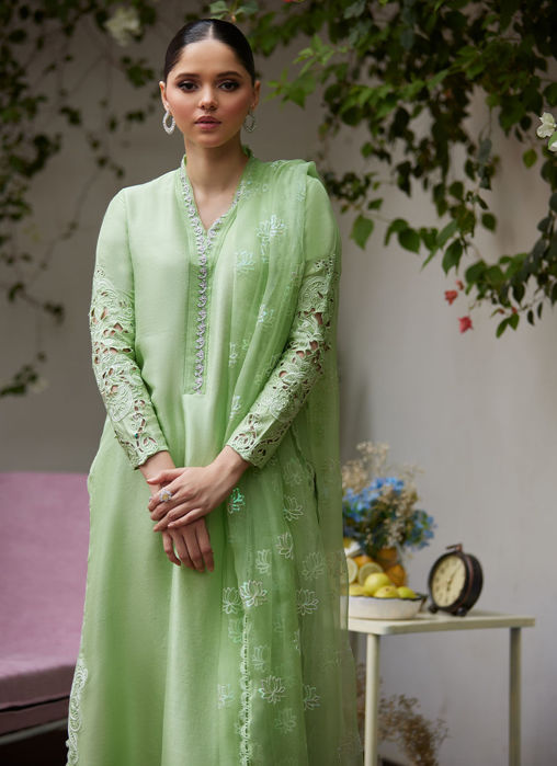 Katya Apple Green Cutwork Raw Silk Shirt With Organza Dupatta