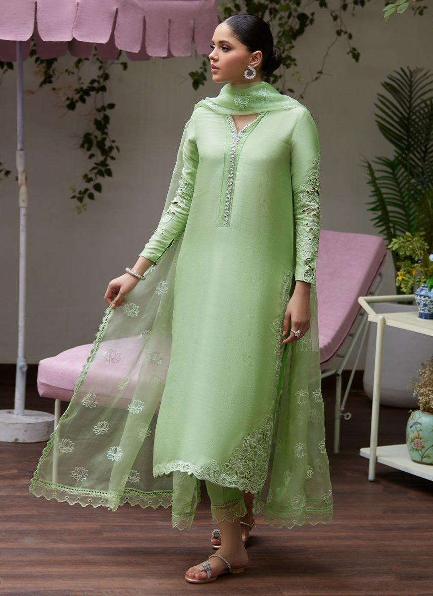 Katya Apple Green Cutwork Raw Silk Shirt With Organza Dupatta