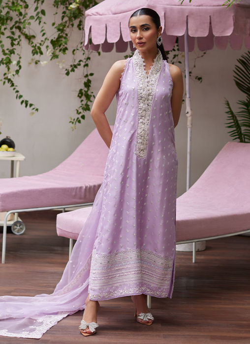 Picture of Larissa Lavender Embroidered Column Shirt With Organza Dupatta