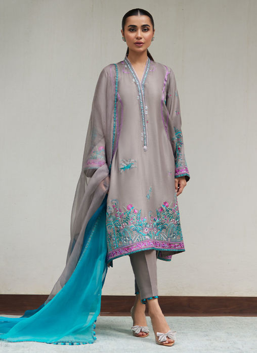 Natalya Charcoal Embroidered Raw Silk Shirt With Organza Dupatta