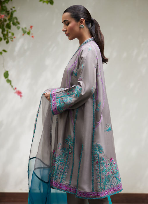 Natalya Charcoal Embroidered Raw Silk Shirt With Organza Dupatta