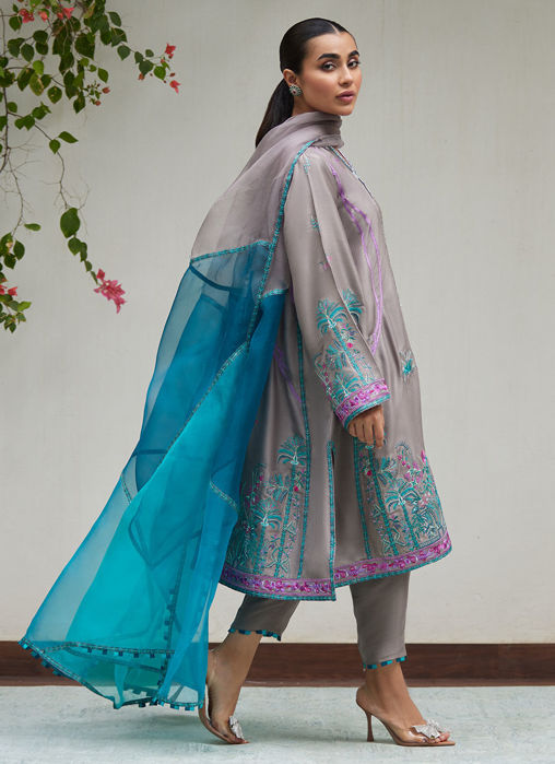 Natalya Charcoal Embroidered Raw Silk Shirt With Organza Dupatta