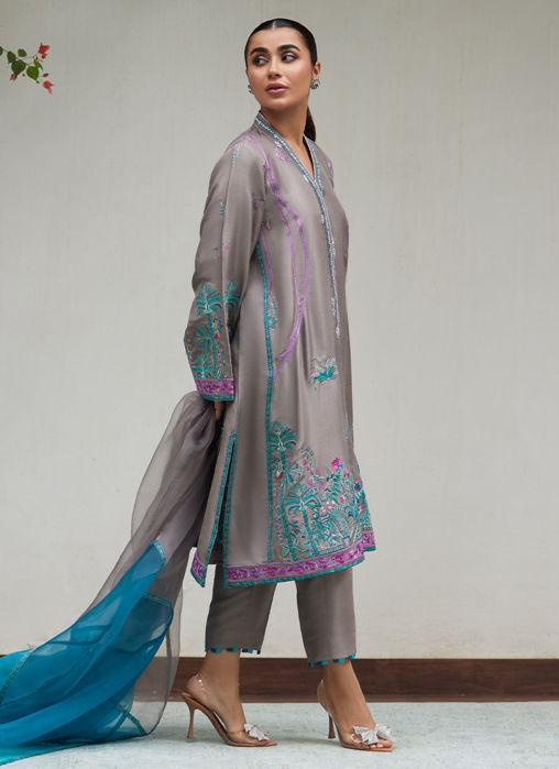 Natalya Charcoal Embroidered Raw Silk Shirt With Organza Dupatta