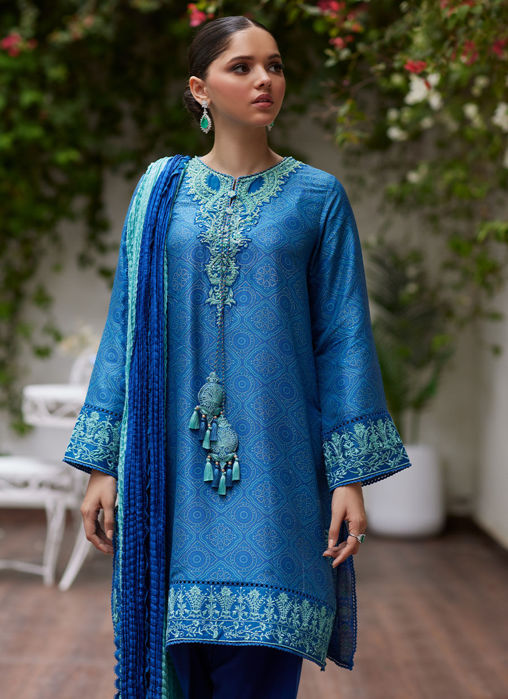 Faina Cobalt Blue Embroidered Raw Silk Shirt And Dupatta