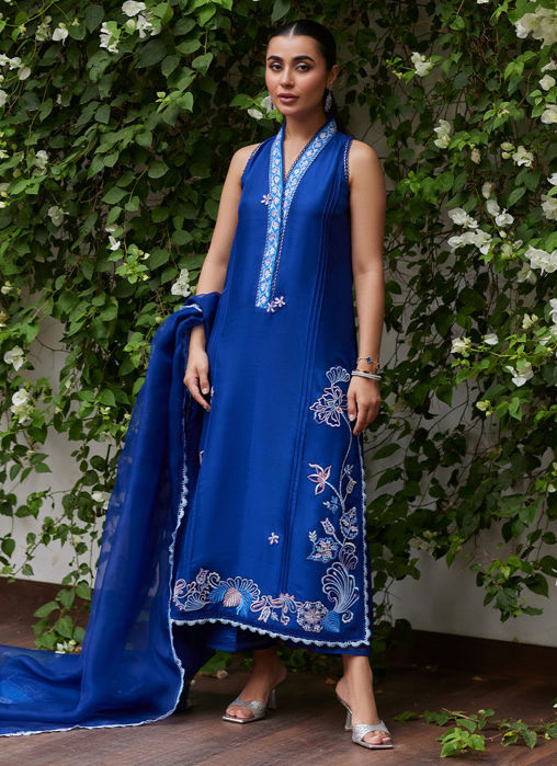 Picture of Inga Ink Blue Embroidered Raw Silk Shirt And Dupatta