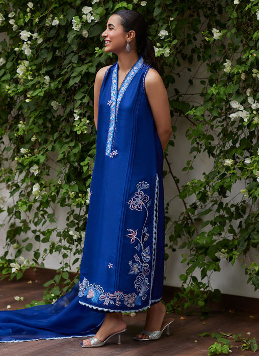 Inga Ink Blue Embroidered Raw Silk Shirt And Dupatta