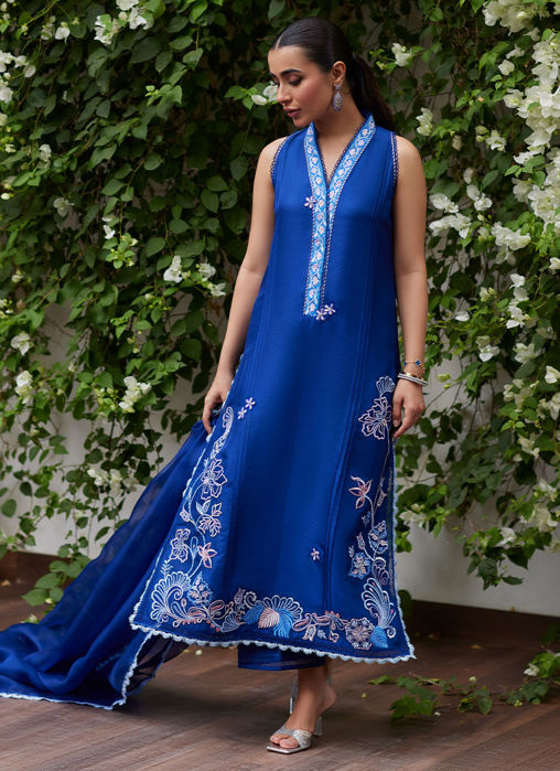 Inga Ink Blue Embroidered Raw Silk Shirt And Dupatta