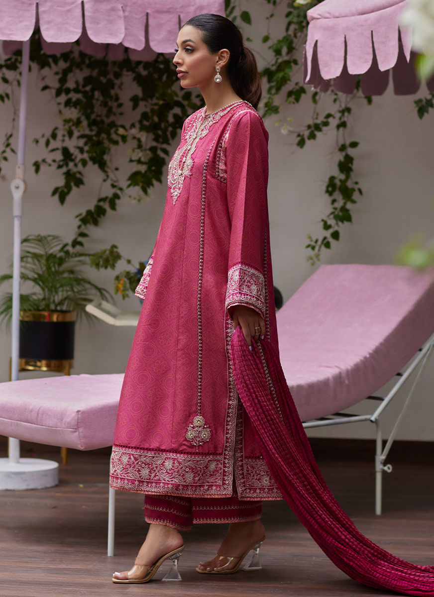 Feo Crimson Embroidered Raw Silk Shirt And Dupatta